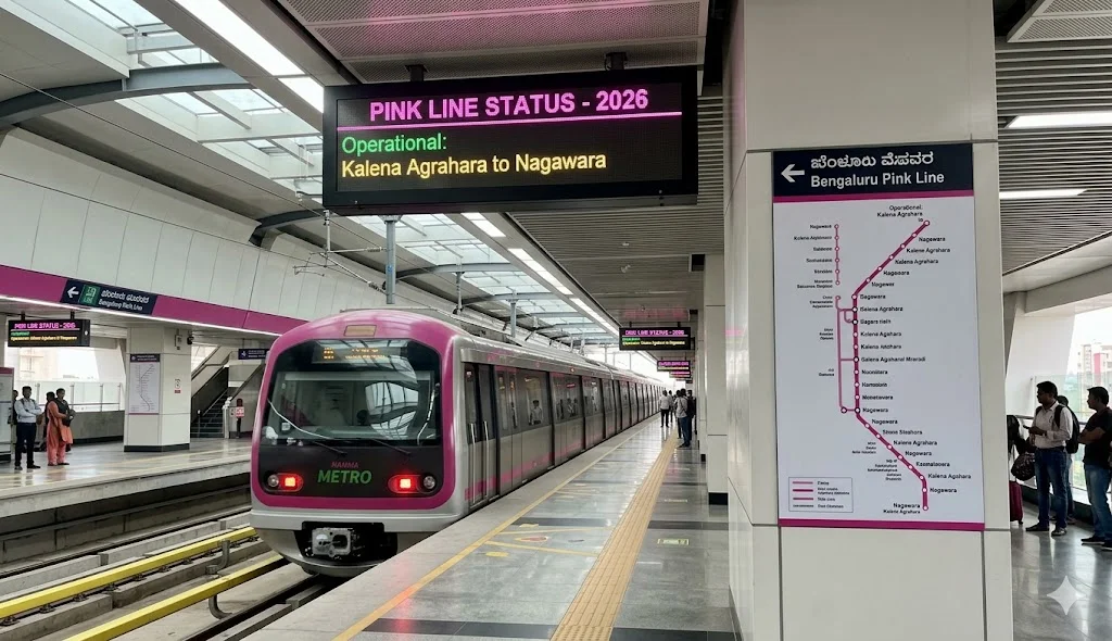 View of the Kalena Agrahara metro station on the Pink Line elevated stretch along Bannerghatta Road during final system testing.
